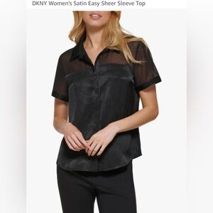 NWT DKNY black Women's Satin Easy Sheer Sleeve Gorgeous Top sz XL